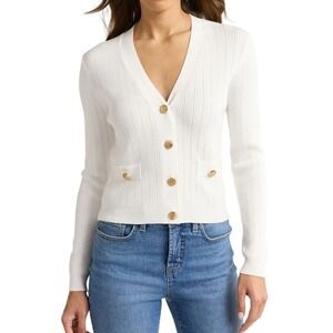 Sofia Vergara Womens Cardigan XL Ivory‎ Gold Button Knit Sweater Pockets New
